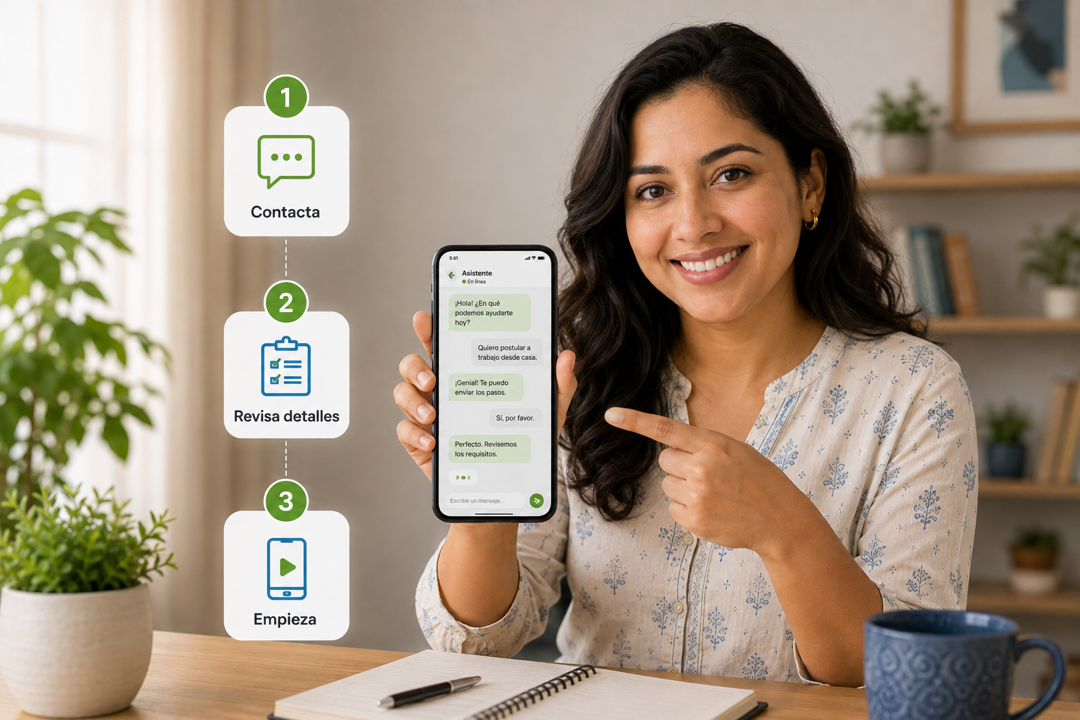 Persona contactando al equipo por WhatsApp para postularse