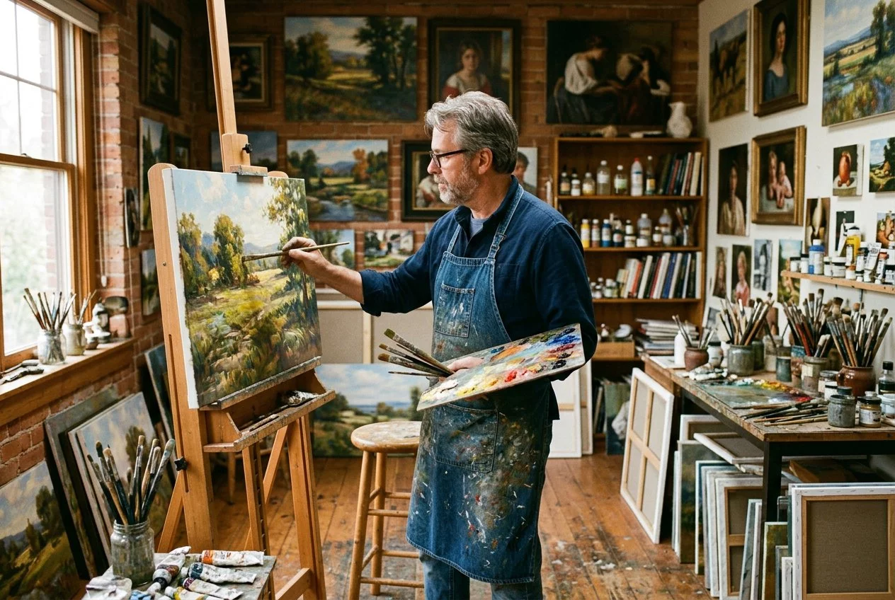 Estudio de artista con pinturas al óleo